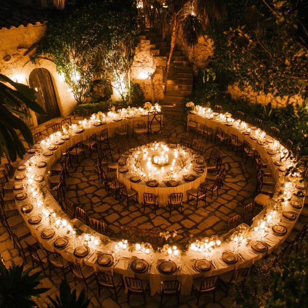 A romantic seating arrangement with guests in a full or semi-circle around the couple, creating an intimate atmosphere that emphasizes closeness and connection.