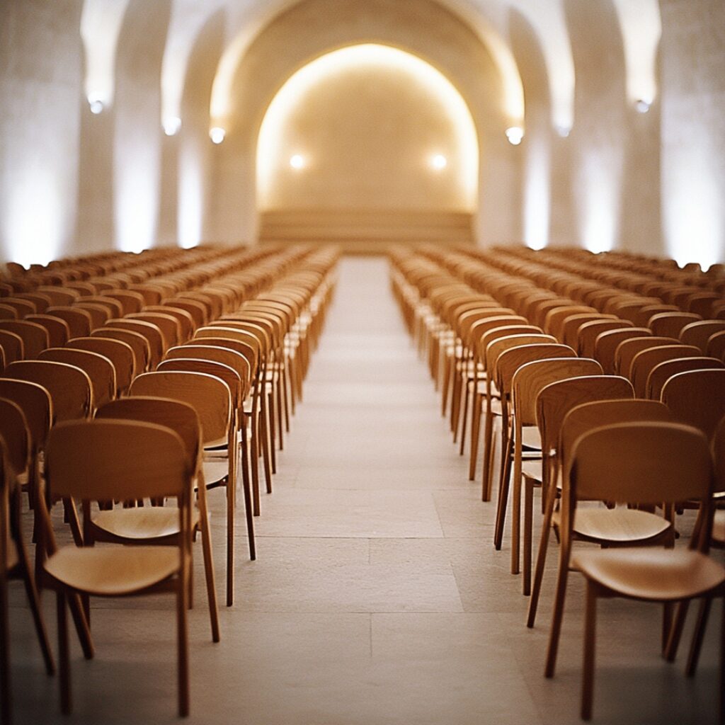 Rows of chairs facing the front in a curved or straight line, perfect for large weddings with a clear line of sight, mimicking a traditional theater layout.