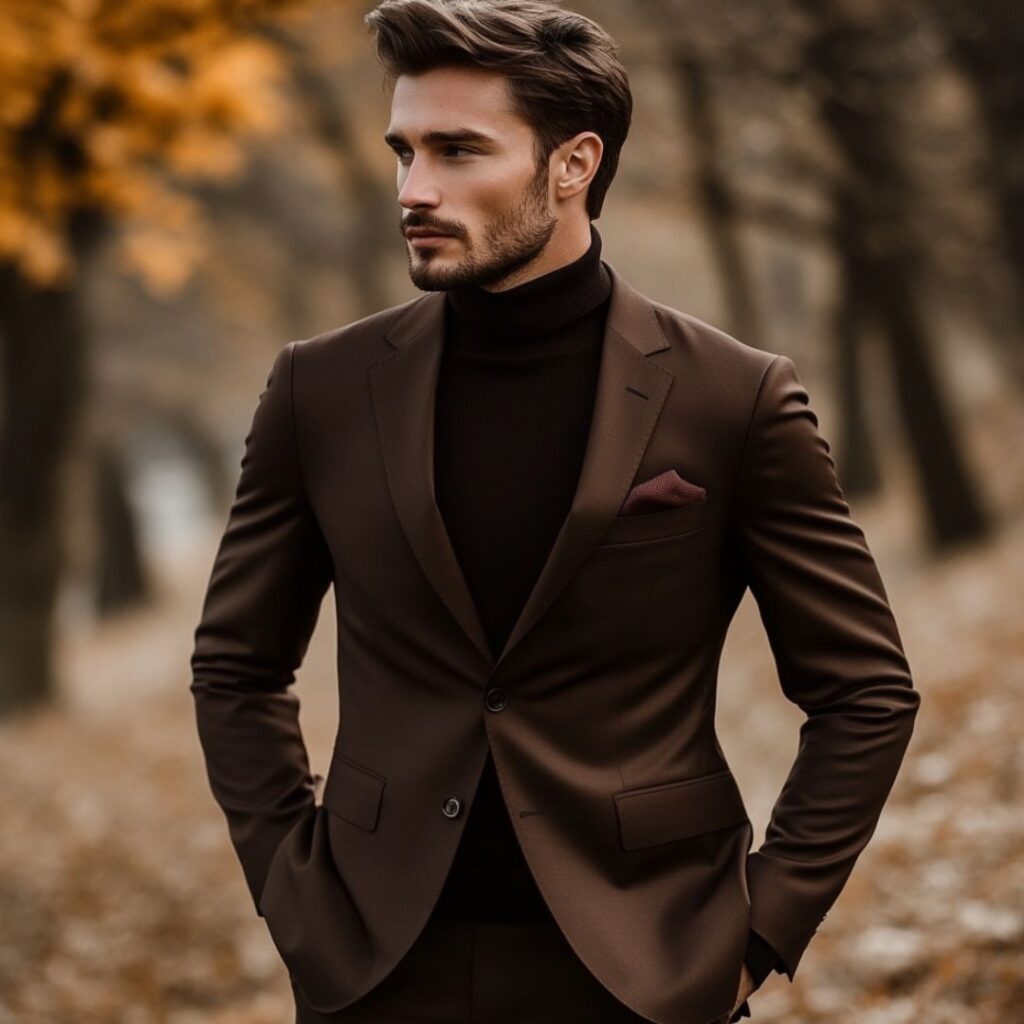 Man wearing a deep brown suit with a sleek turtleneck, offering a modern and sophisticated look for a fall wedding.