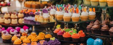 A vibrant and inclusive vegan wedding dessert table featuring a variety of delicious plant-based treats, such as gourmet cupcakes and interactive sundae stations, ensuring all guests enjoy a memorable and delightful experience with vegan sweets.