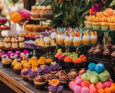 A vibrant and inclusive vegan wedding dessert table featuring a variety of delicious plant-based treats, such as gourmet cupcakes and interactive sundae stations, ensuring all guests enjoy a memorable and delightful experience with vegan sweets.