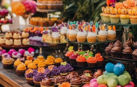 A vibrant and inclusive vegan wedding dessert table featuring a variety of delicious plant-based treats, such as gourmet cupcakes and interactive sundae stations, ensuring all guests enjoy a memorable and delightful experience with vegan sweets.