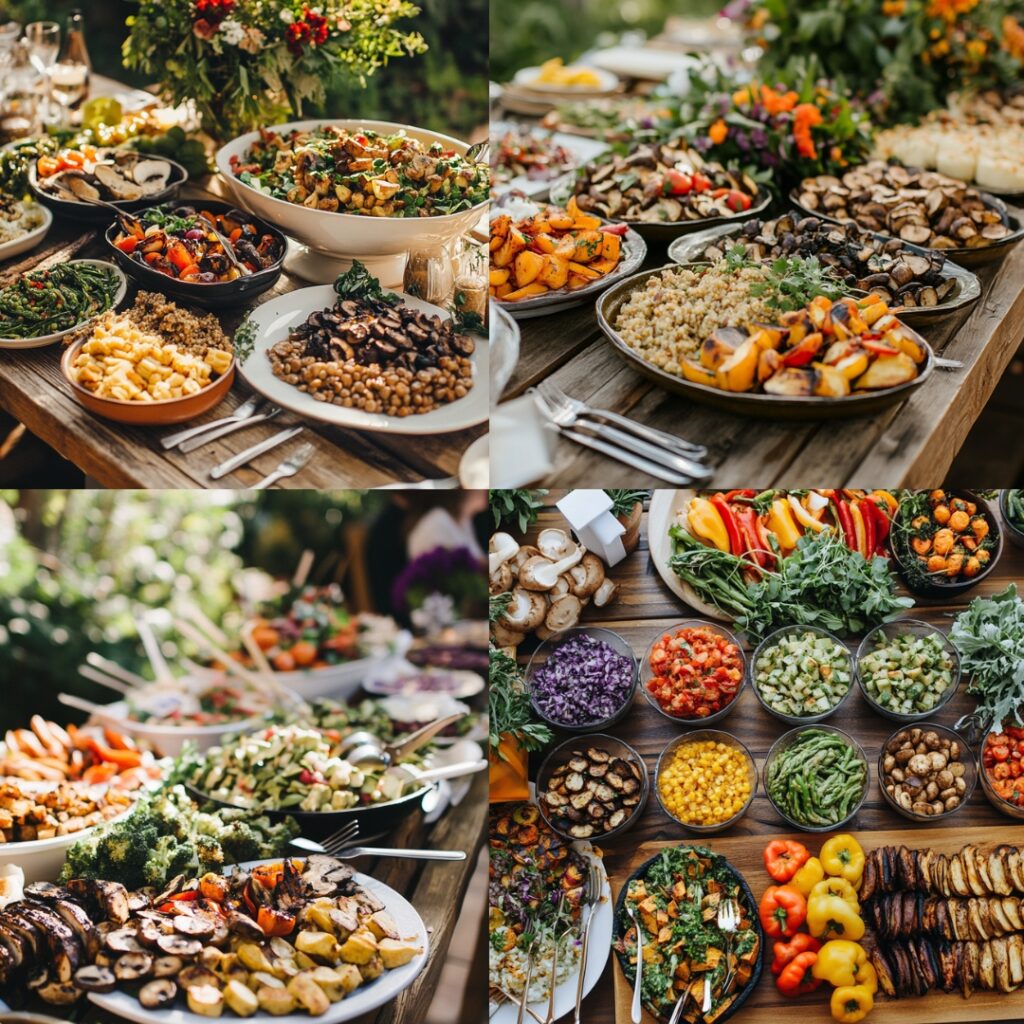 A vibrant vegan and vegetarian feast at a wedding, showcasing plant-based dishes like grilled vegetables, lentil salads, and mushroom risotto, catering to diverse dietary needs.