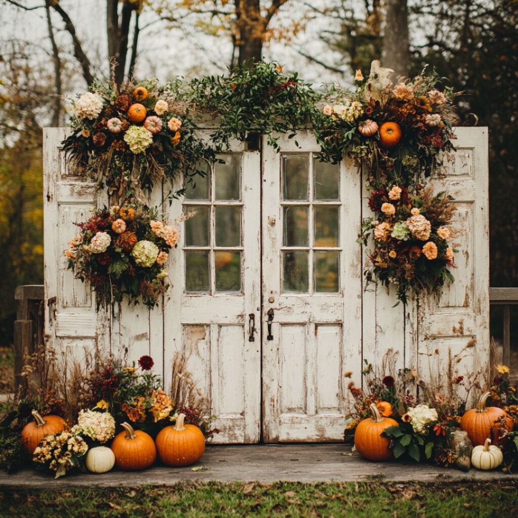 Chic rustic backdrop featuring vintage doors adorned with pumpkins, gourds, and fall flowers, perfect for a nostalgic autumn wedding ceremony.