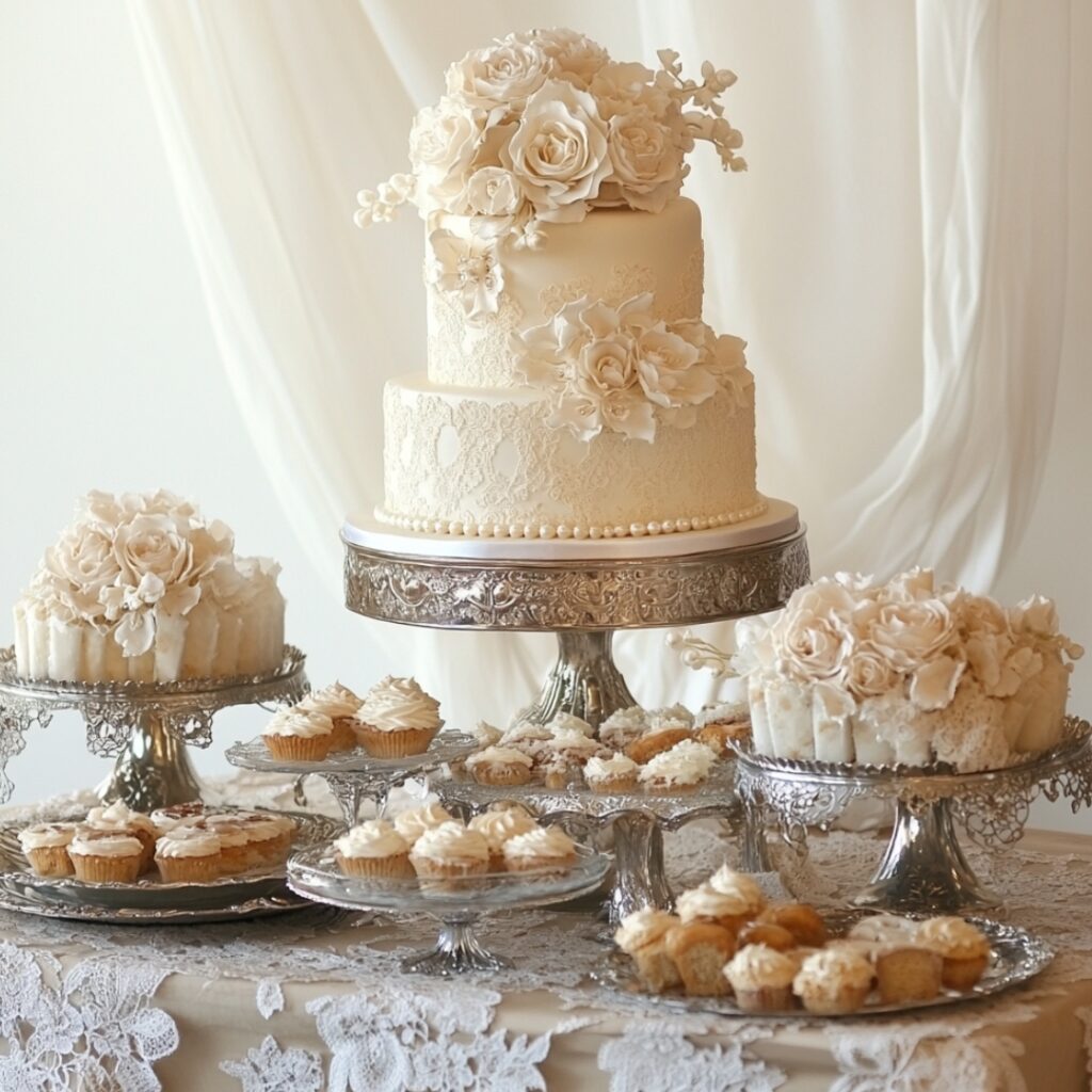 A vintage-inspired dessert table with antique lace, silver platters, tiered cake with pearls, and delicate pastries for a classic wedding theme.