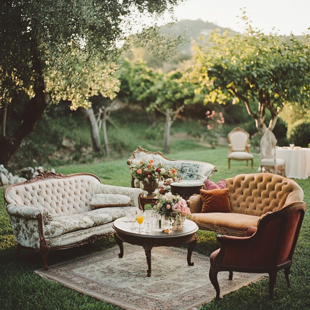 A cozy lounge area with mismatched vintage furniture, including antique chairs and sofas, adding nostalgic charm to a garden wedding setting.