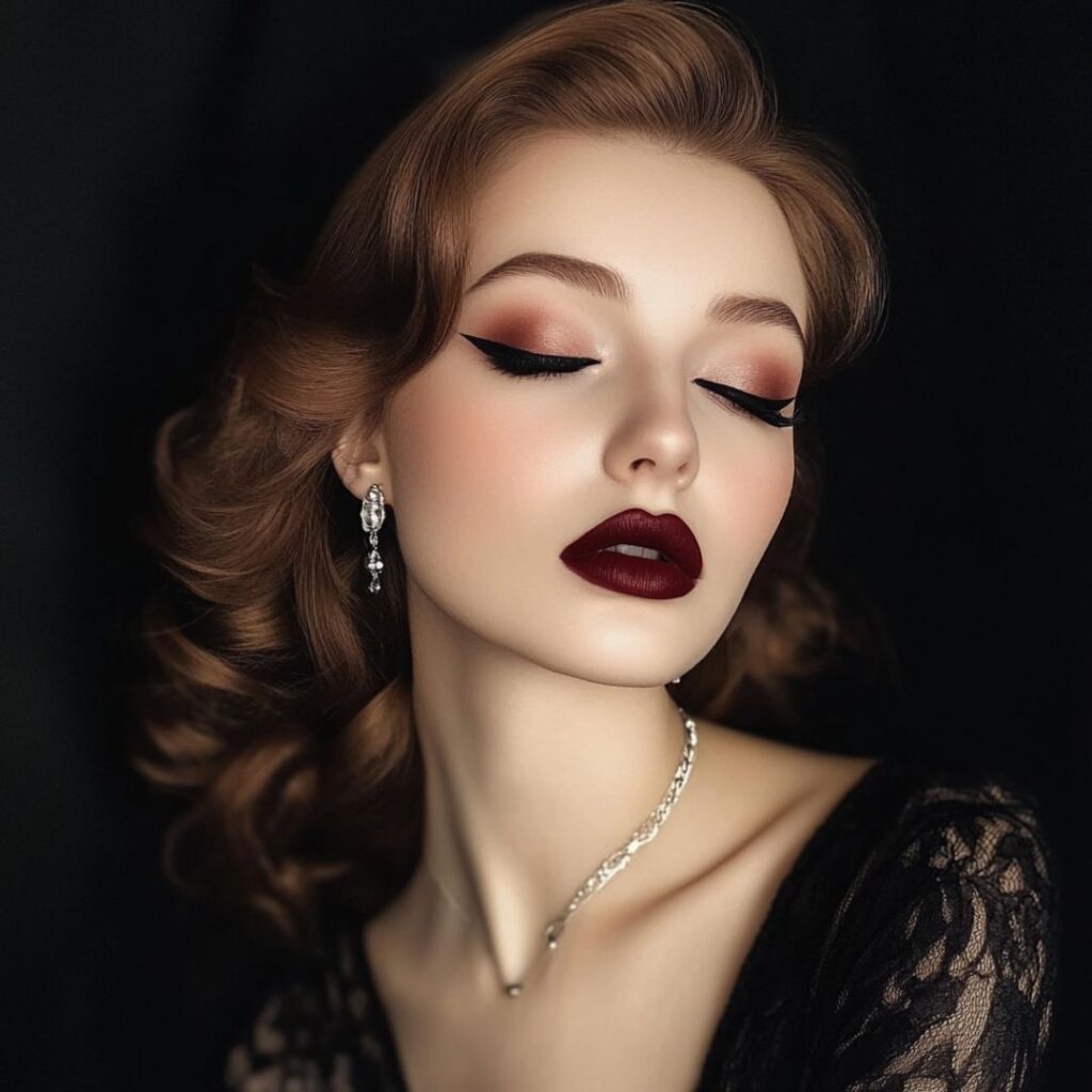 A woman with a vintage glam makeup look, showcasing Hollywood waves, bold winged eyeliner, deep berry lips, and a matte foundation, capturing the essence of old-school elegance for a classy date night.