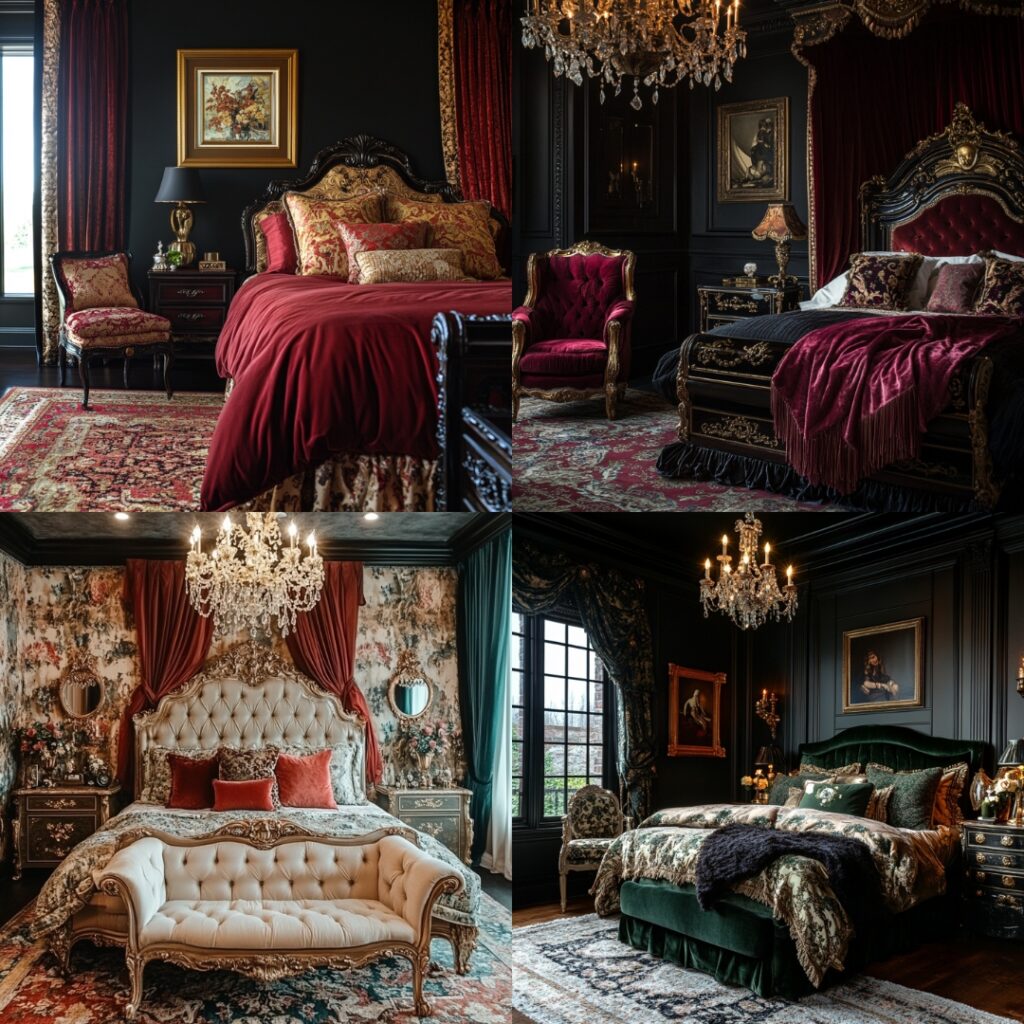 An opulent vintage glamour couple's bedroom featuring rich colors, ornate furniture, and luxurious fabrics like velvet and satin for a timeless look.