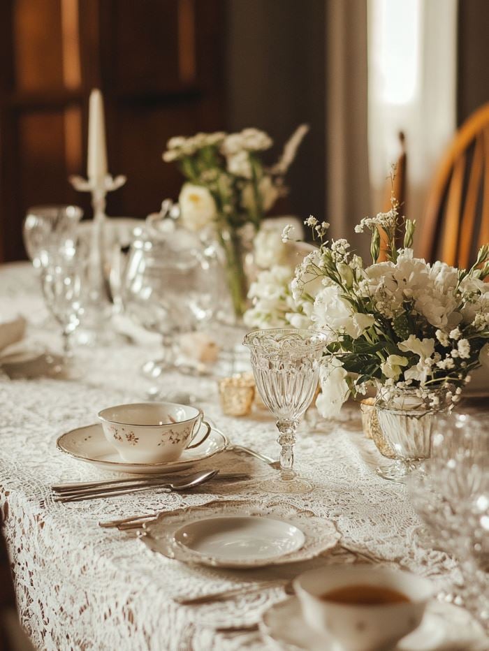 A vintage-inspired wedding setup with antique décor, lace, and retro items to create a timeless, elegant atmosphere.
