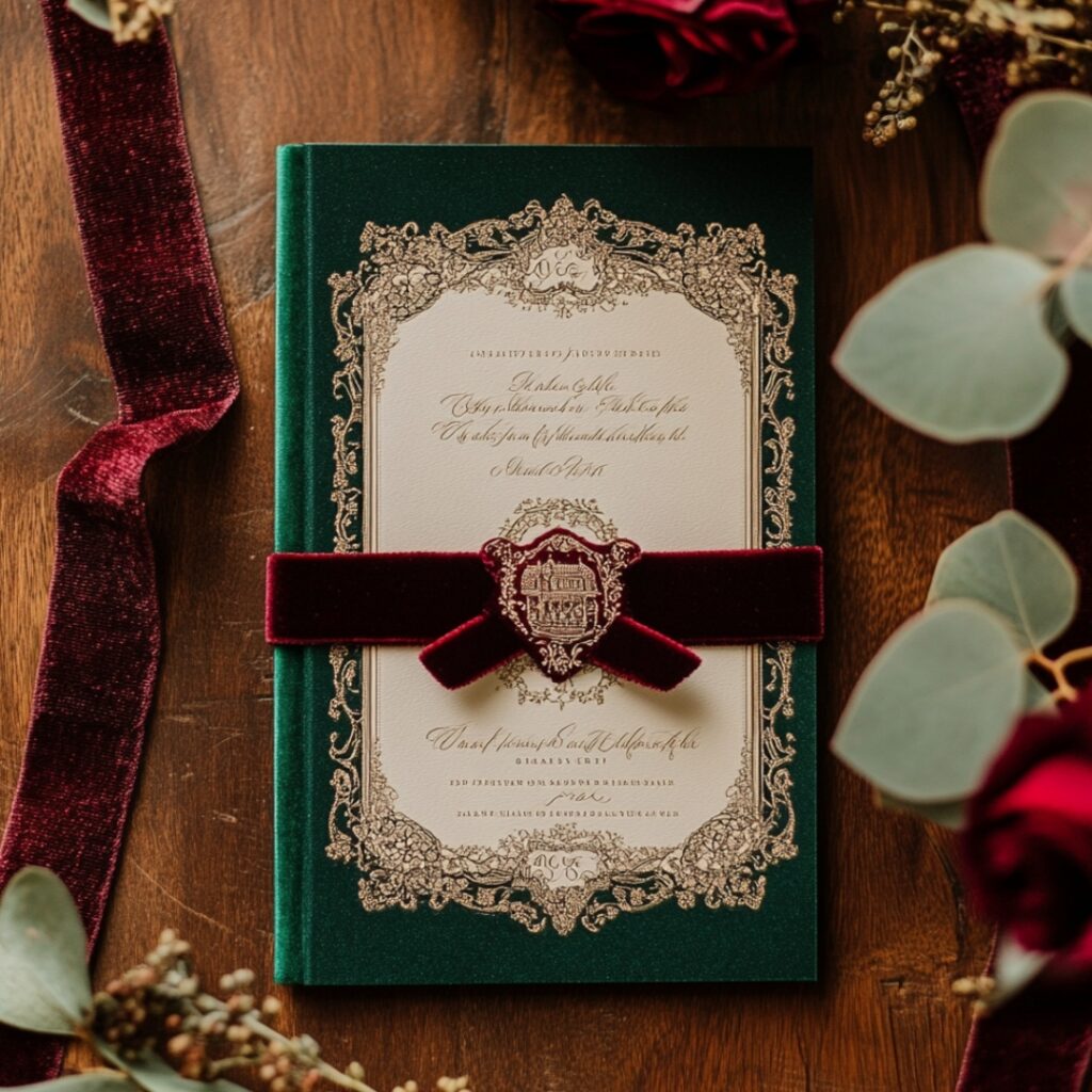 Vintage-inspired wedding program in rich jewel tones of emerald, sapphire, and burgundy, with ornate borders and luxurious velvet ribbons, ideal for a fall celebration.