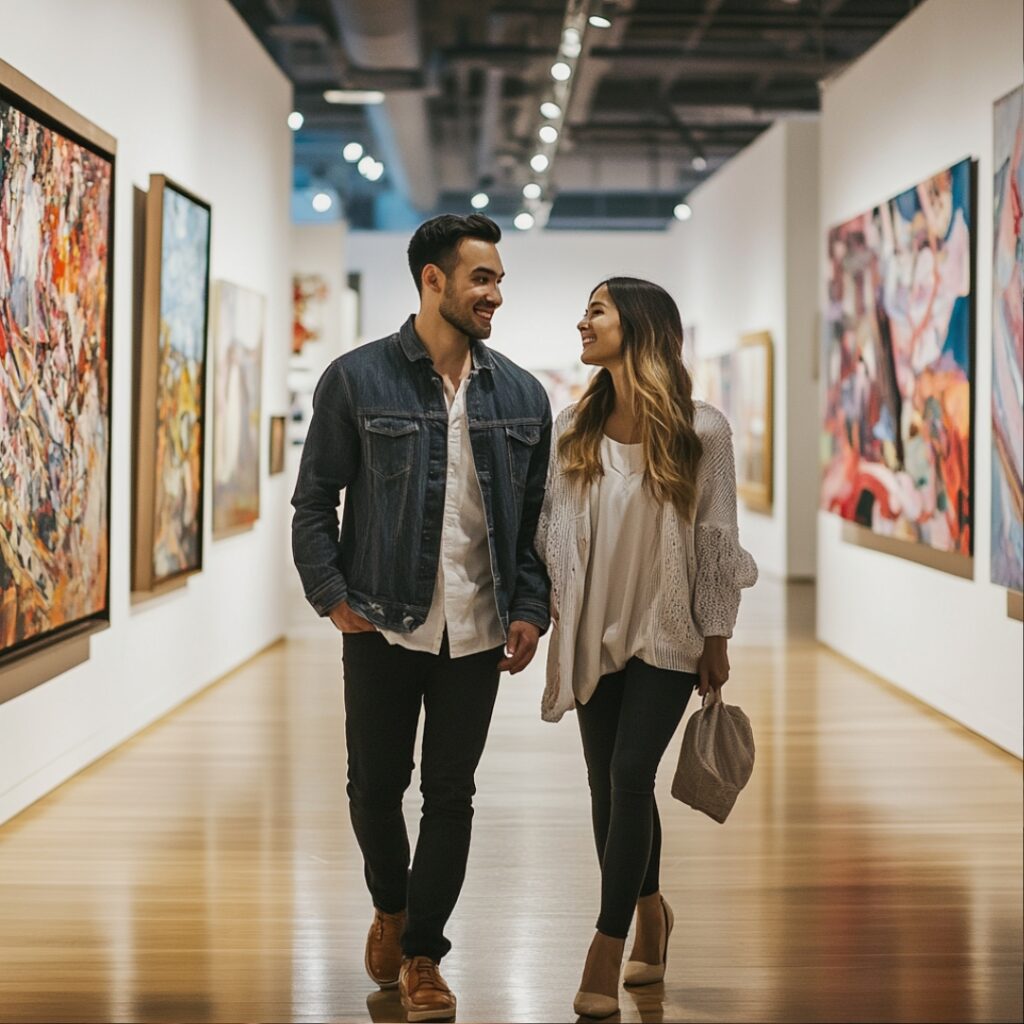 A couple walking through an art gallery or museum, exploring exhibits and discussing various pieces, enjoying a cultural and thought-provoking date.