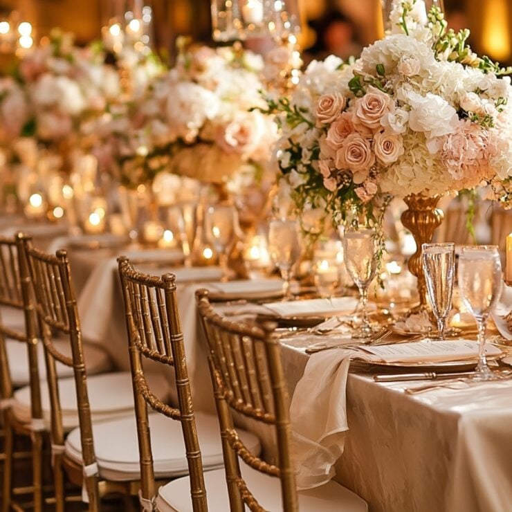 Thoughtfully selected seating arrangements enhance the flow and atmosphere of your wedding, ensuring a comfortable and unforgettable experience for all guests.
