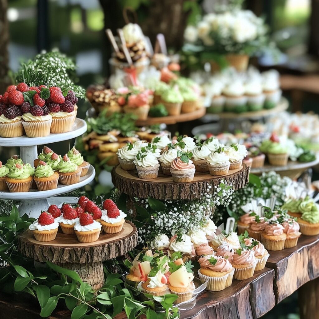 A garden-themed dessert table adorned with greenery, floral cupcakes, fruit tarts, and rustic wooden elements, creating an enchanting outdoor wedding vibe.