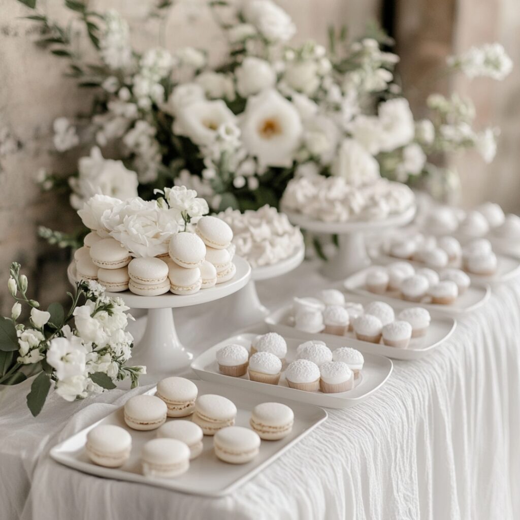 Minimalist white-on-white dessert table with white macarons, powdered donuts, and petite white cupcakes arranged on sleek white trays with a linen table runner and delicate white flowers for a cohesive, elegant look.