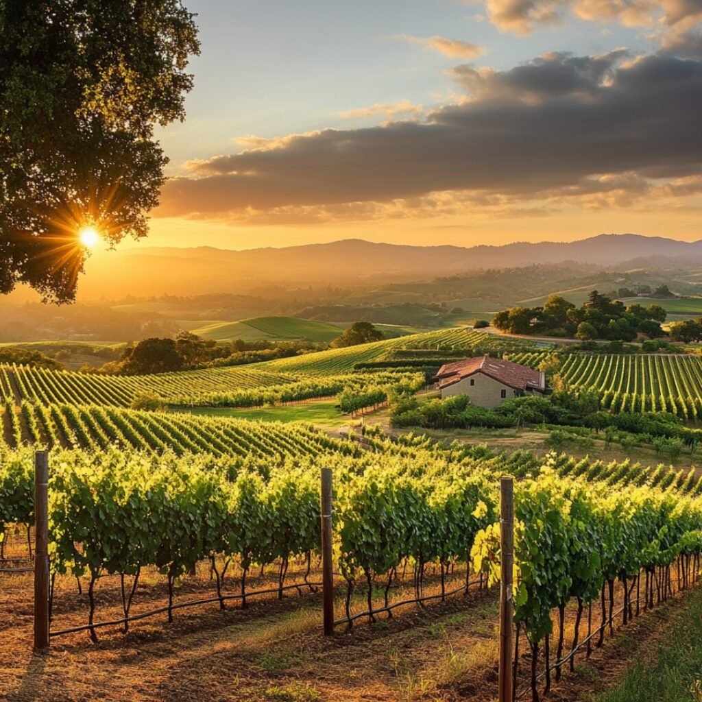Picturesque vineyard in Napa Valley, California, with rolling hills and world-class wineries, ideal for a sophisticated bachelorette trip.