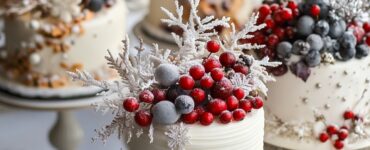 An assortment of winter-themed small wedding cakes, each showcasing unique seasonal decorations like frosted berries and snowflakes, adding warmth and beauty to a winter wedding celebration, reflecting the couple's love story in a magical, wintry setting.