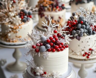 An assortment of winter-themed small wedding cakes, each showcasing unique seasonal decorations like frosted berries and snowflakes, adding warmth and beauty to a winter wedding celebration, reflecting the couple's love story in a magical, wintry setting.