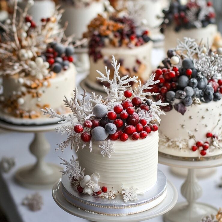 An assortment of winter-themed small wedding cakes, each showcasing unique seasonal decorations like frosted berries and snowflakes, adding warmth and beauty to a winter wedding celebration, reflecting the couple's love story in a magical, wintry setting.