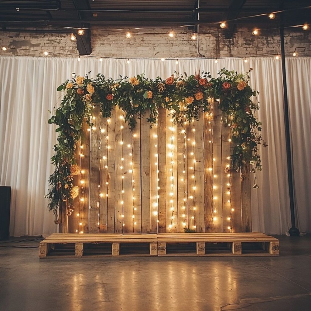 Rustic wooden pallet backdrop draped with warm string lights and seasonal greenery, perfect for a DIY autumn wedding with a cozy ambiance.