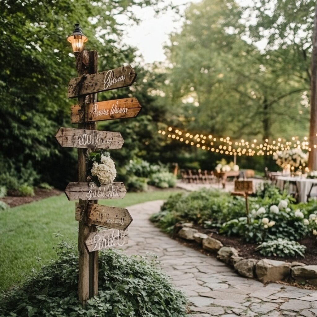 Rustic wooden signage with hand-painted directions, guiding guests through a charming garden wedding while blending seamlessly with nature.