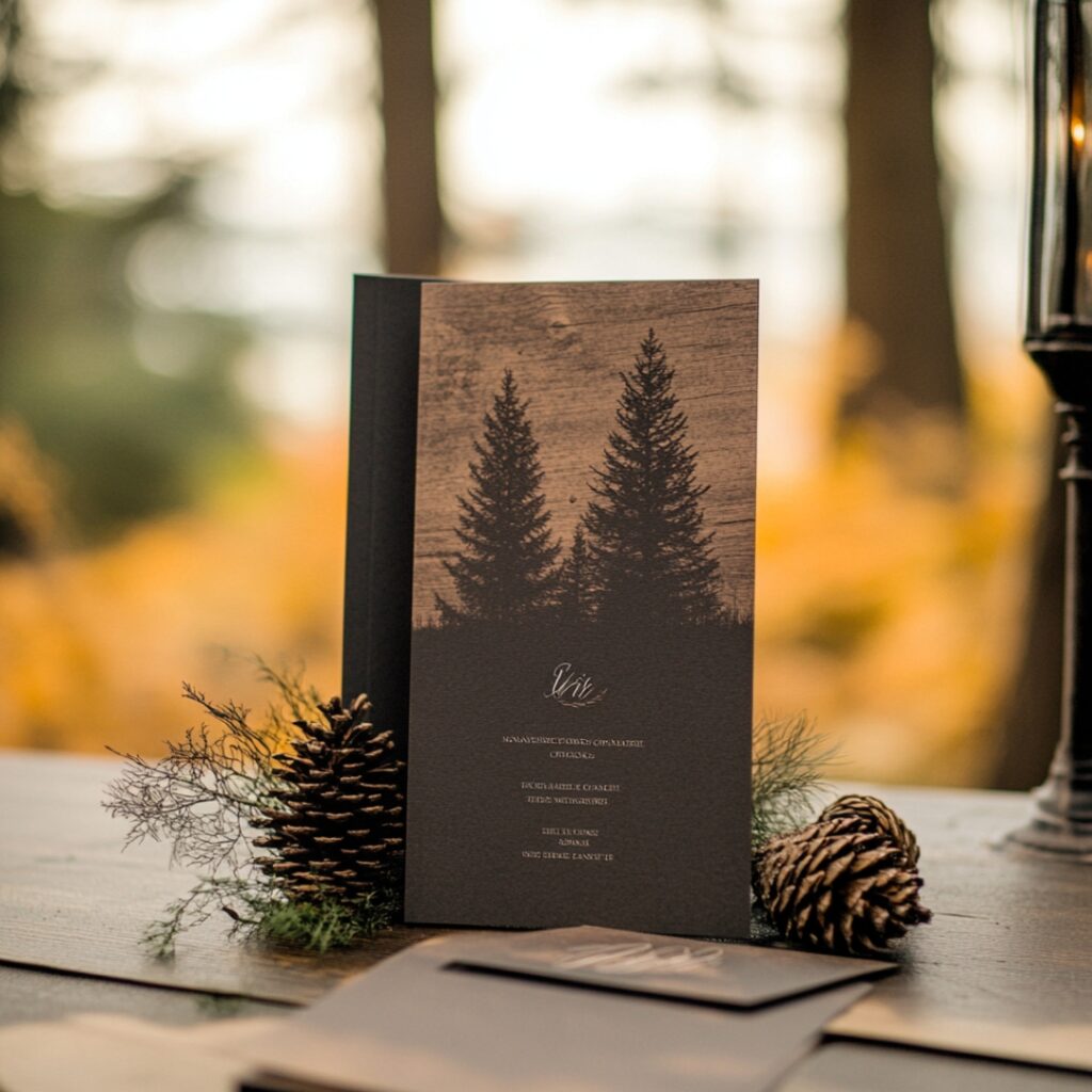 Woodland-themed wedding program with natural elements like wood textures, pinecones, and earthy tones, featuring a silhouette of trees, ideal for an outdoor fall ceremony.