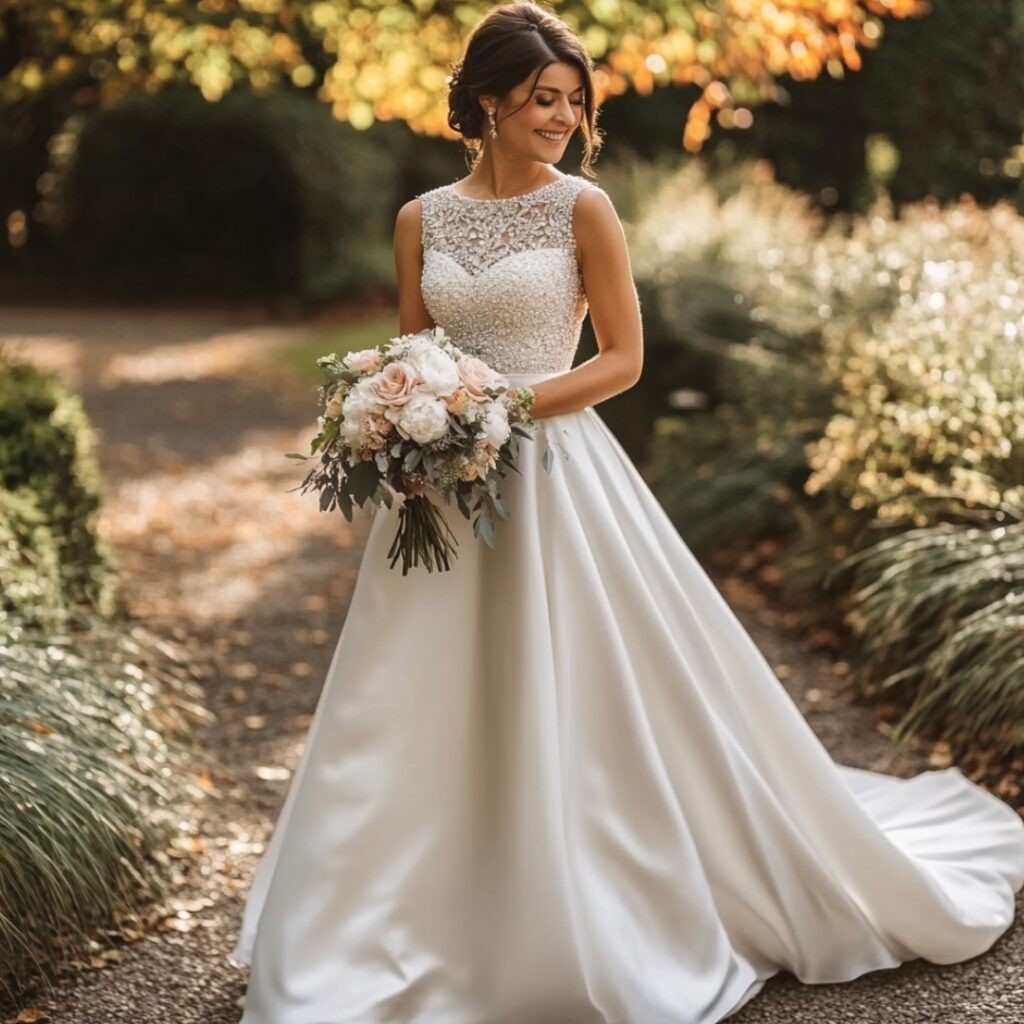 Bride in an A-line satin dress featuring a beaded bodice, ideal for a sophisticated September wedding with a touch of sparkle and flowing satin.