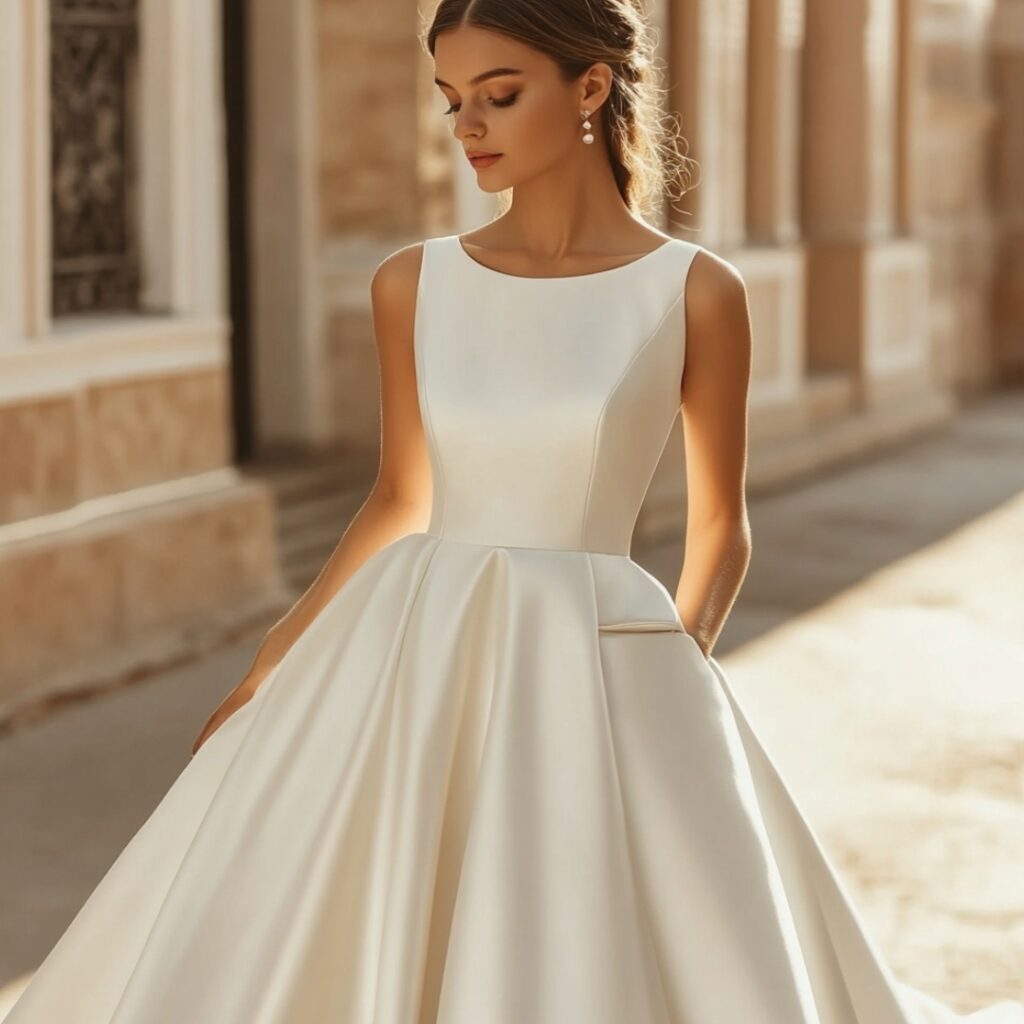 Practical A-line satin wedding dress featuring hidden pockets for essentials, combining stylish design with modern functionality for chic weddings.