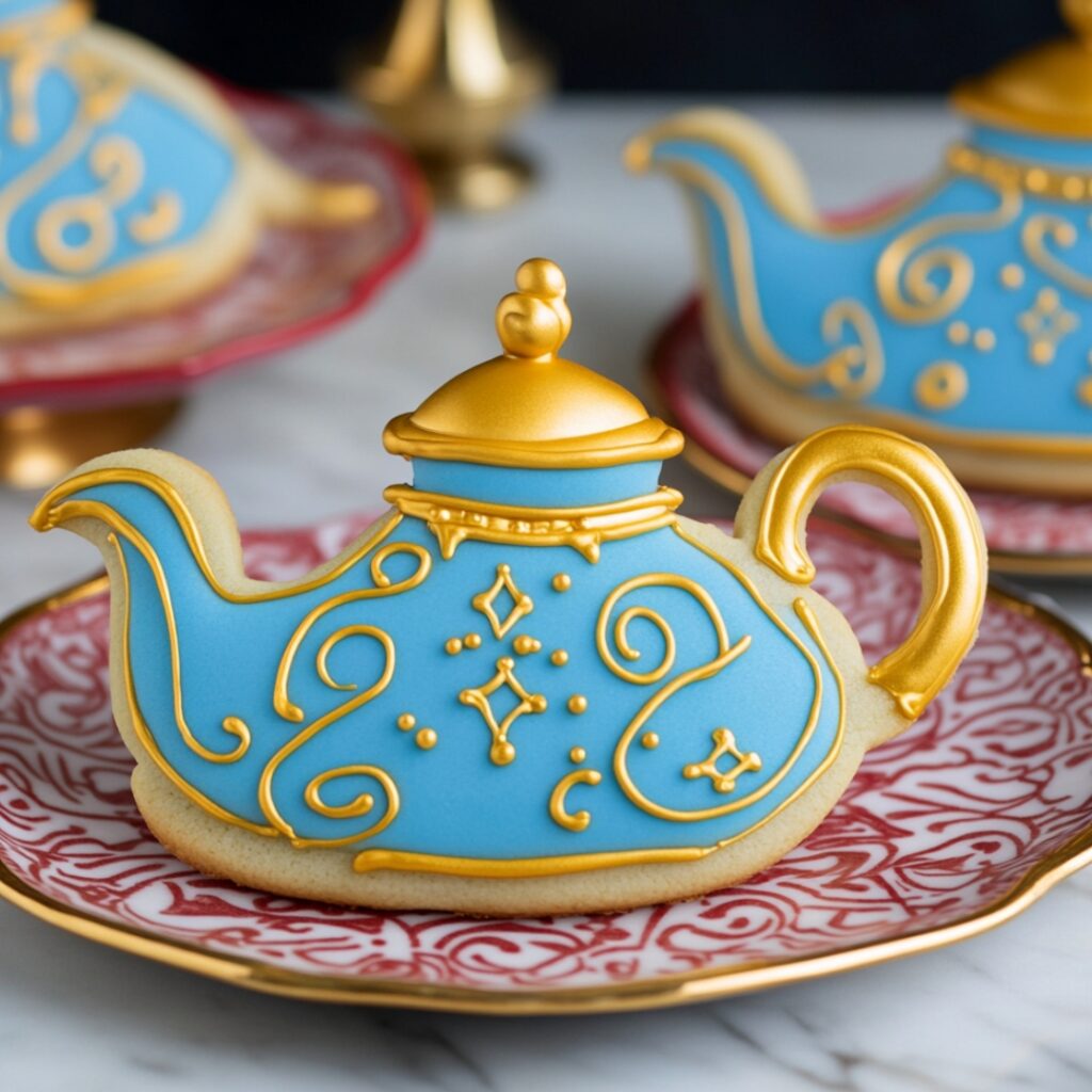 Sugar cookies shaped like Aladdin's magic lamp, decorated with gold royal icing, bringing the magic of Agrabah to your dessert table.