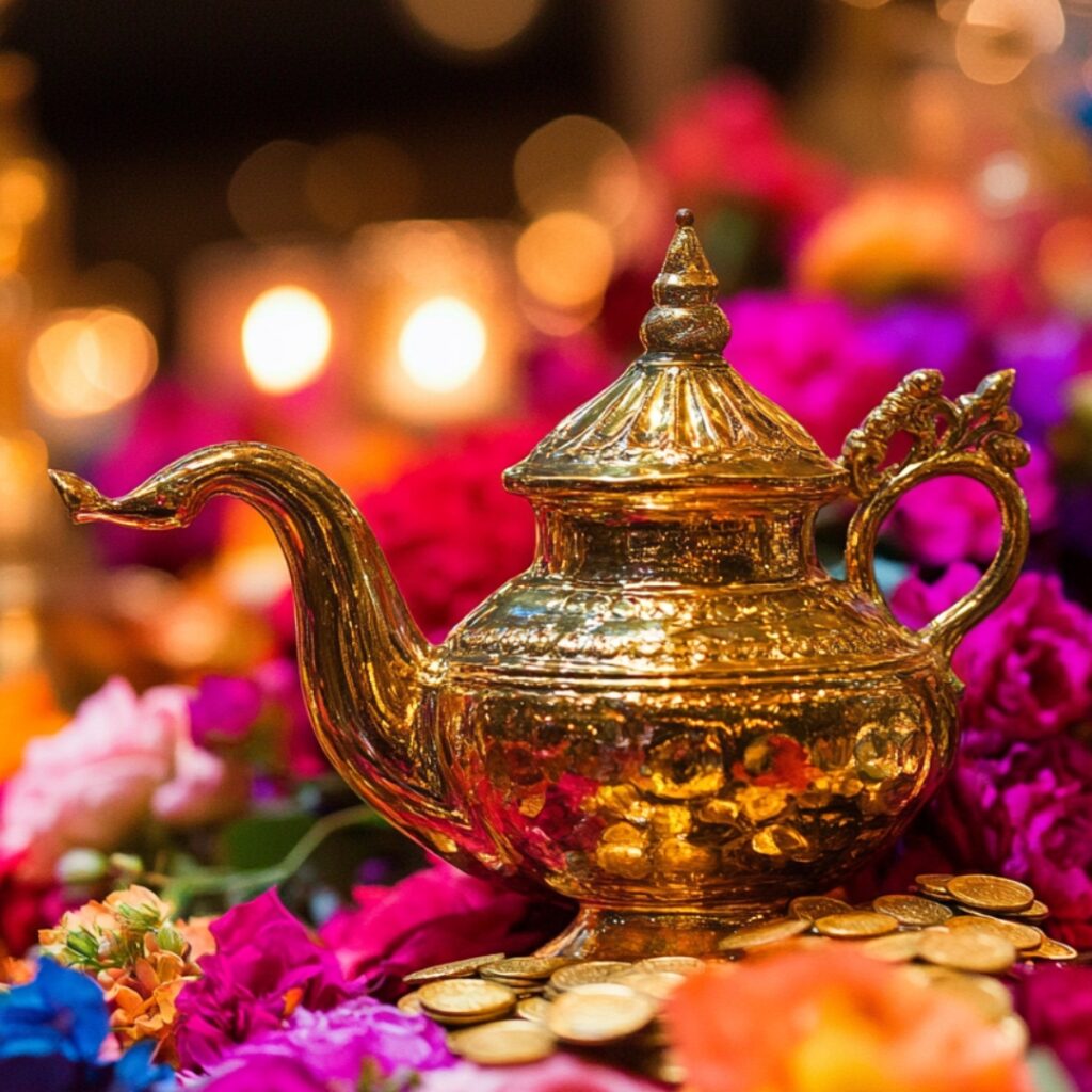 A gold genie lamp centerpiece placed on vibrant jewel-toned flowers with miniature lanterns and gold coins, inspired by "Aladdin," adding an exotic flair to your event.