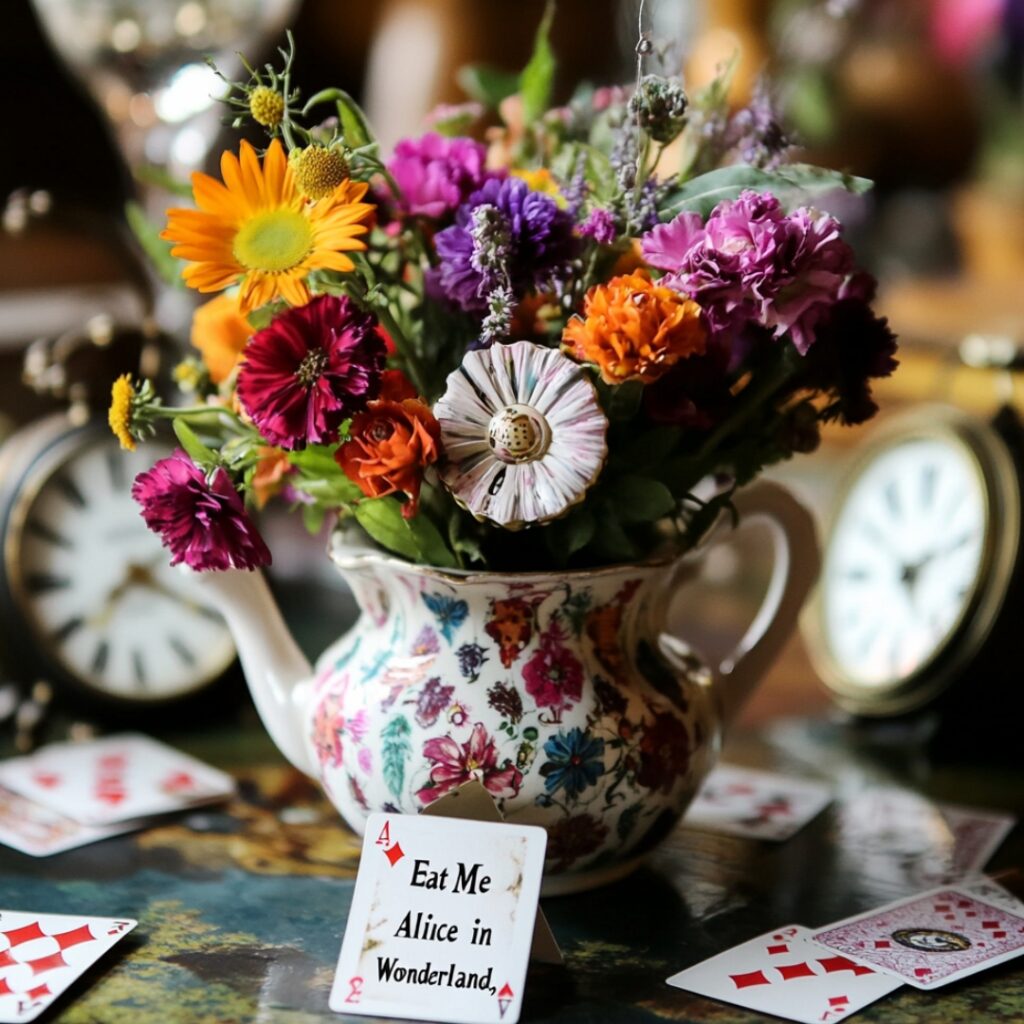 A vintage teapot filled with mismatched bright flowers, surrounded by playing cards, mini clocks, and “Eat Me” cookies, inspired by "Alice in Wonderland," perfect for a quirky theme.