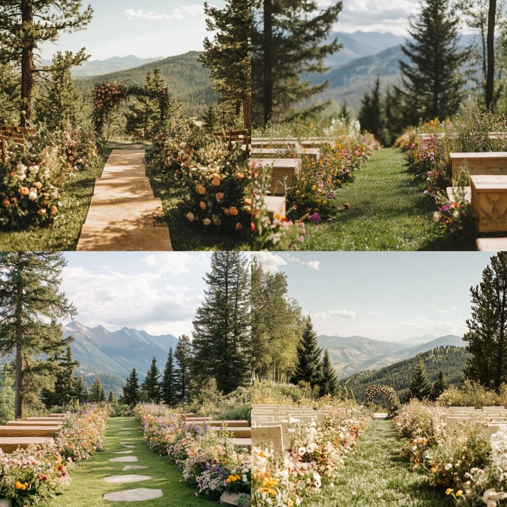 A lush aisle lined with wildflowers, evergreens, and earthy accents, beautifully complementing the mountain setting while adding romance to the breathtaking views.