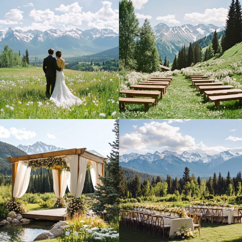 A serene mountain resort featuring vibrant alpine meadows and snow-capped peaks creates a peaceful, nature-filled wedding destination.
