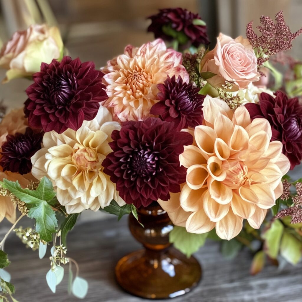 A timeless fall floral centerpiece in amber glass vases filled with burgundy dahlias and blush roses, softened by delicate fillers, perfect for cozy yet elegant occasions.
