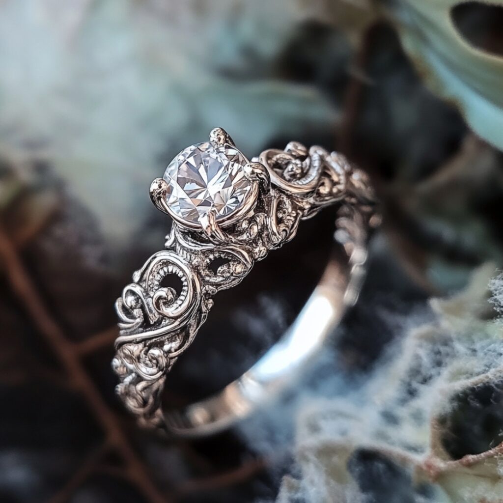 Antique-inspired fairy engagement ring with intricate filigree work along the band and a central gemstone, offering vintage charm with a magical, timeless elegance.