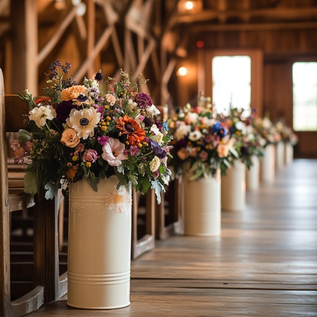 Antique milk cans filled with lush seasonal flowers add vintage charm and rustic elegance to the barn wedding aisle.