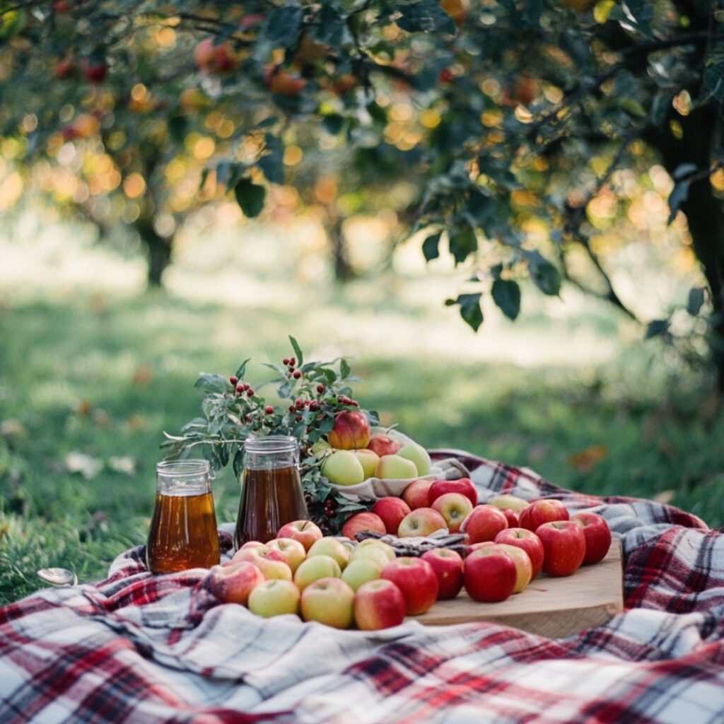 A charming engagement party at an apple orchard, with apple picking, cider tastings, plaid blankets, and apple-themed desserts in a picturesque setting.
