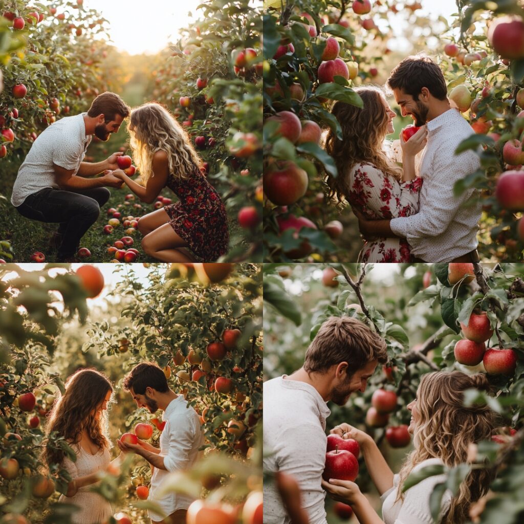 A romantic apple orchard proposal amidst the beauty of September’s harvest, with a couple picking apples and celebrating their love in nature.