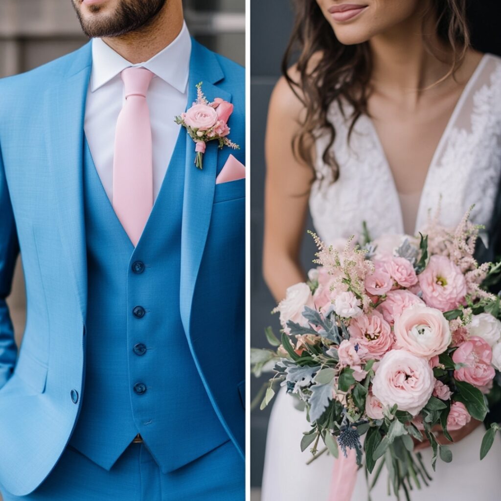 Stylish attire options for brides and grooms in blue and pink, ensuring a beautifully coordinated wedding party for a memorable celebration.