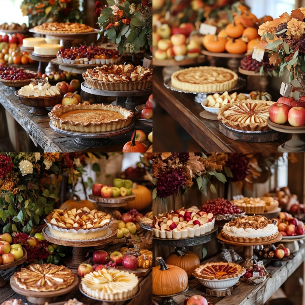 An autumn harvest dessert table featuring seasonal fruits like apples and pumpkins, decorated with rich fall colors and rustic elements, showcasing spiced apple pie and pumpkin cheesecake.