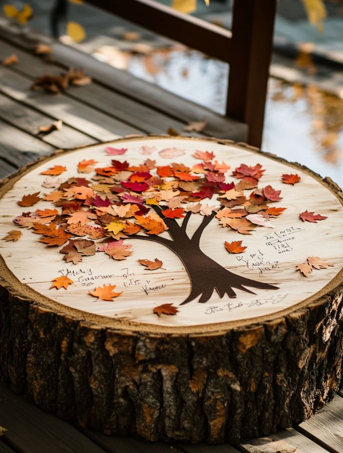 Autumn-themed guest book alternative featuring a wooden log slice for guests to sign, a tree silhouette for fingerprint leaves, or cards for fall-inspired messages, offering a memorable keepsake.