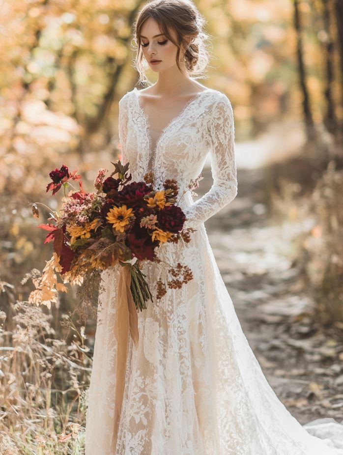 Fall-inspired wedding dress with warm tones, lace details, and velvet or wool sleeves, perfectly reflecting the autumn season’s colors and textures while providing comfort and style.