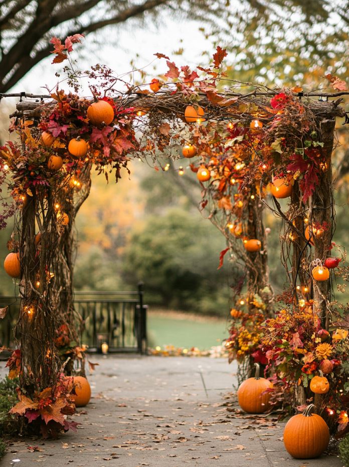 Wedding ceremony arch made from vibrant autumn foliage, including fall leaves, seasonal flowers, and branches, with touches of pumpkins and fairy lights to enhance the natural fall beauty.