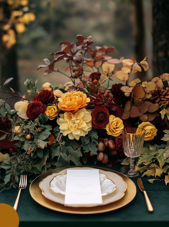 Wedding color palette featuring deep burgundy, burnt orange, mustard yellow, and forest green, with metallic gold or copper accents, creating a rich and warm autumn atmosphere.