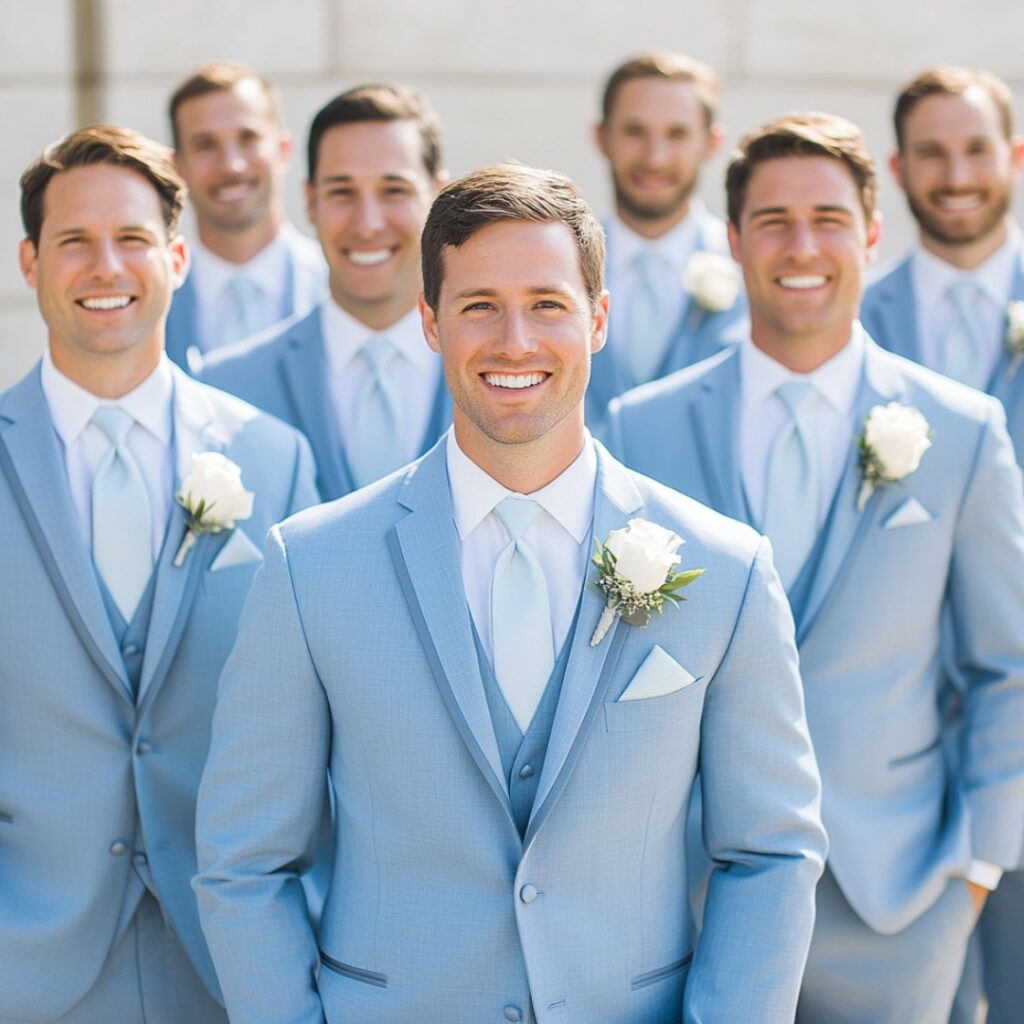 Fresh and stylish baby blue groomsmen suits or accents like ties and pocket squares bring a sophisticated yet soft vibe to the wedding party.
