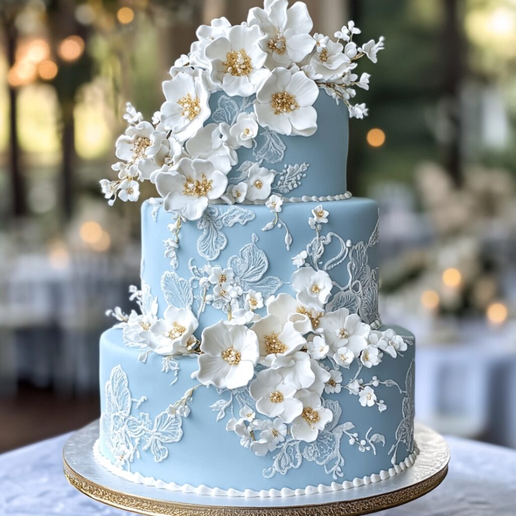 A stunning baby blue wedding cake adorned with white florals, gold accents, or lace details adds elegance and serenity to your big day.