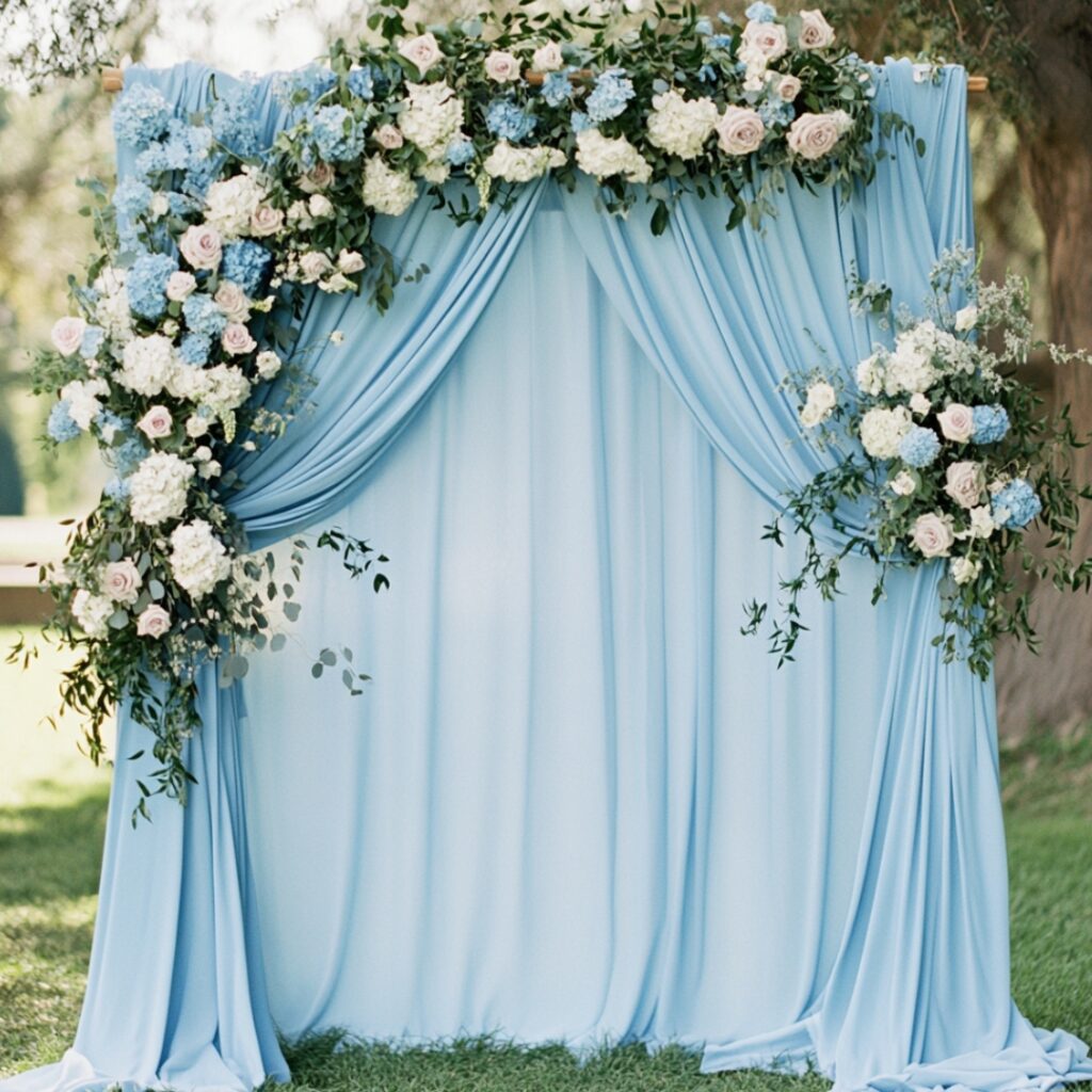 A serene baby blue wedding ceremony backdrop featuring cascading fabrics or floral arches creates a dreamy, elegant setting for your vows.