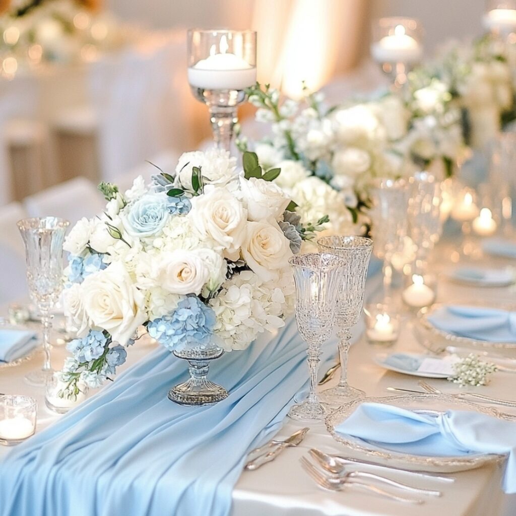Soft baby blue wedding décor elements, from linens to glassware, create a calming, elegant atmosphere when paired with white, silver, or blush tones.