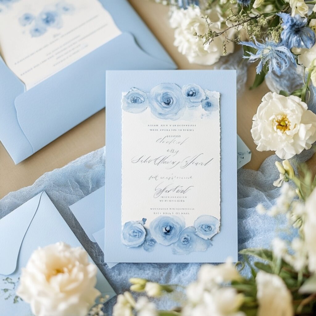 A baby blue wedding invitation suite with calligraphy and watercolor details offers a soft, sophisticated introduction to your wedding celebration.