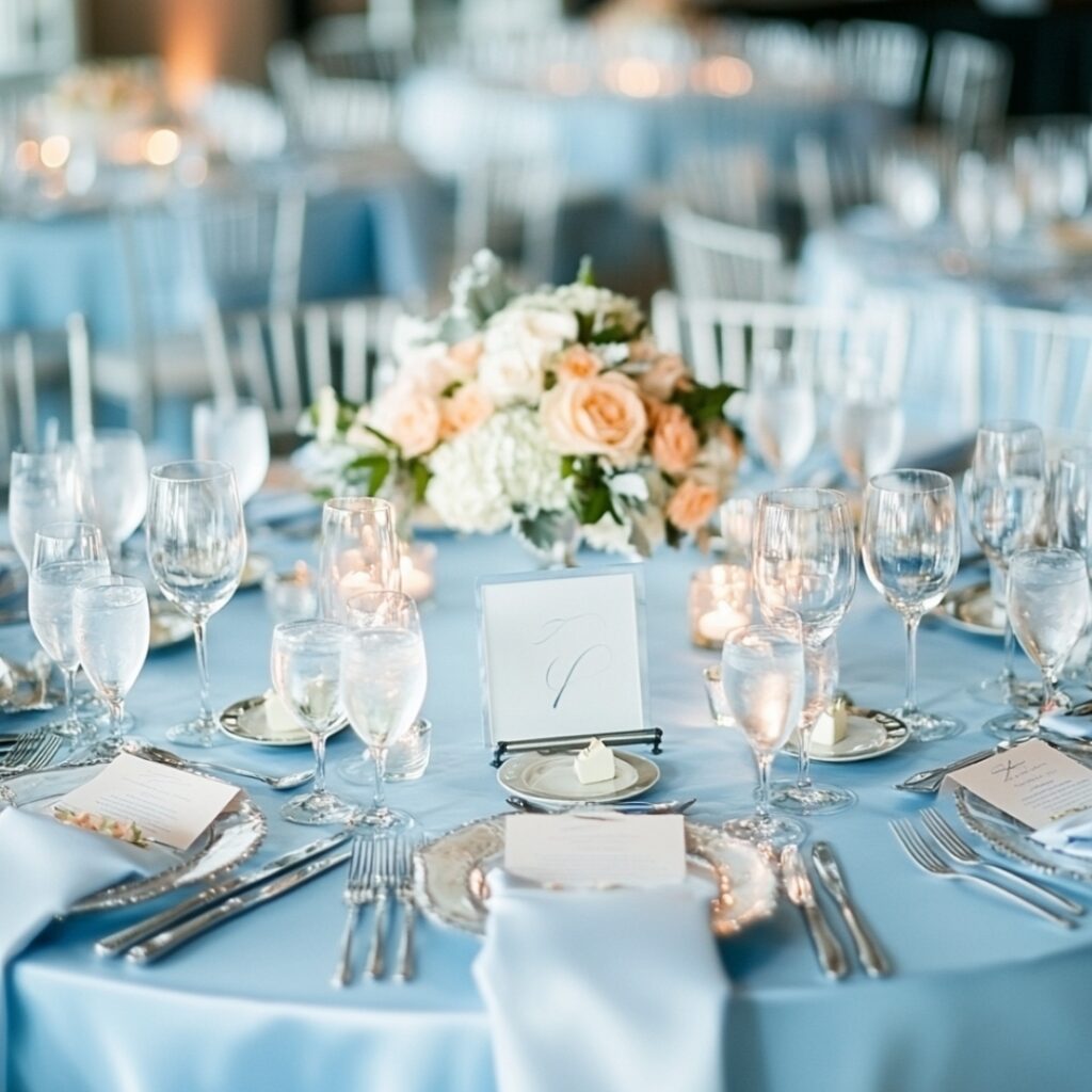 Light and airy baby blue table settings with linens, glassware, and silver accents create an elegant, cohesive look for your wedding reception.