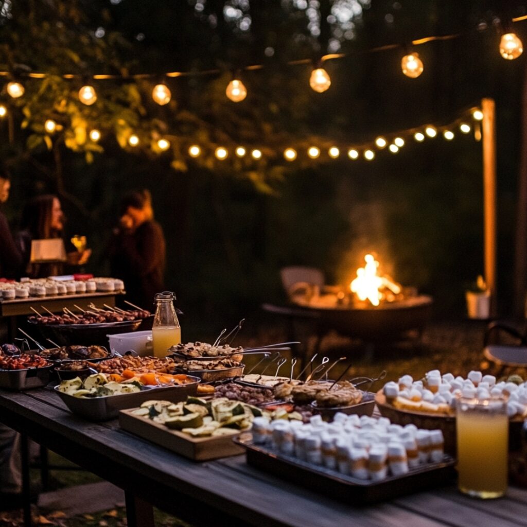 A fall-themed backyard barbecue engagement party with grilled seasonal fare, cider, rustic decor, string lights, and a cozy fire pit for marshmallow roasting.